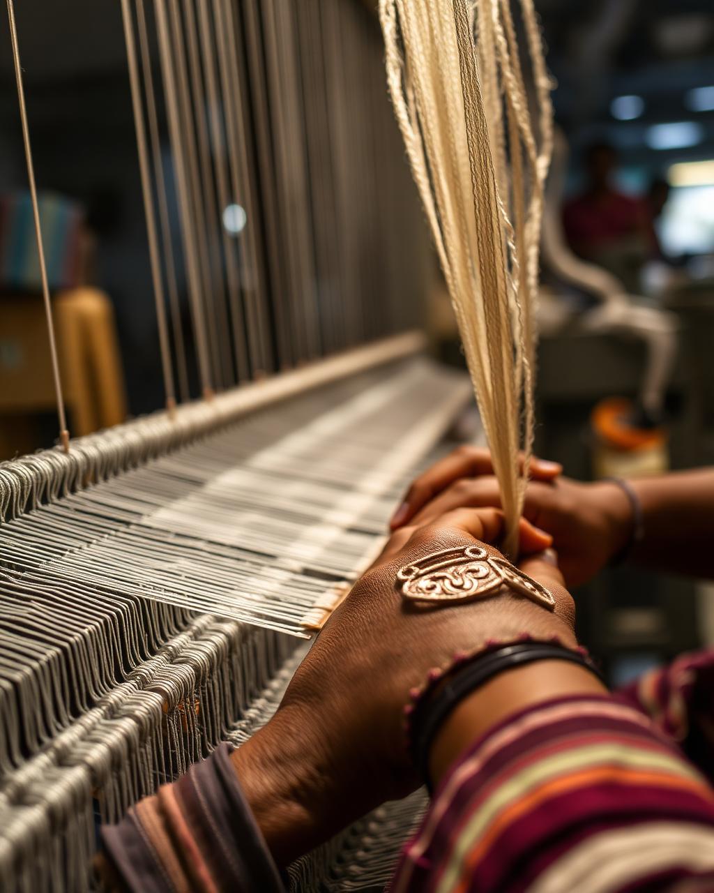 Artisan hands weaving textile on a loom in a Tiruppur factory